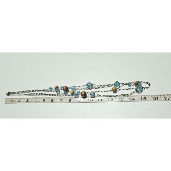 Elegant Beaded Bronze Chain Double Strand Necklace Blue Glass Wooden Beads Women - Picture 5 of 6